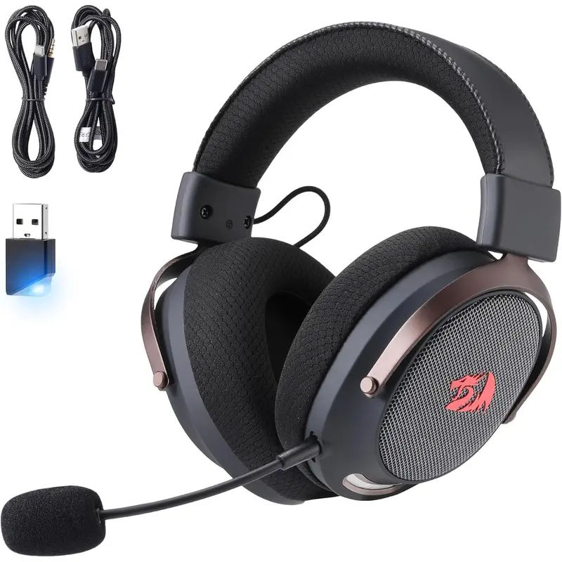 Redragon H858 3-Mode Wireless Gaming Headphones - Over-Ear PC Accessories, 7.1 Sound, 53mm Drivers, Memory Foam Ear Pads, Detachable Mic, 750mAh Battery, 22-Hour Use, 3.5mm Jack, Button-Controlled, Compatible with Phone, PC, Game Console, Black