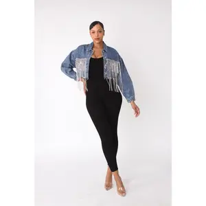 Rhinestone & Chain Fringe Cropped Denim Jacket - 82386