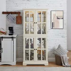 White Antique Glass Display Cabinet with E26 Light Bulb, Lattice Double Door Adjustable Glass Shelf MDF Storage Cabinet, Acrylic Back Panel Vintage Metal Handle Dust-Proof Tall Curio Cabinet for Home Decor