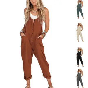Women's Overalls Linen Cotton Jumpsuits Casual Loose Jumpers Adjustable Straps with Pockets