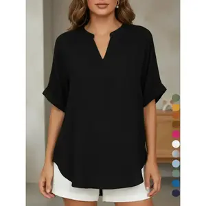 Women's solid color short-sleeve shirt, casual everyday solid color top, suitable for all seasons