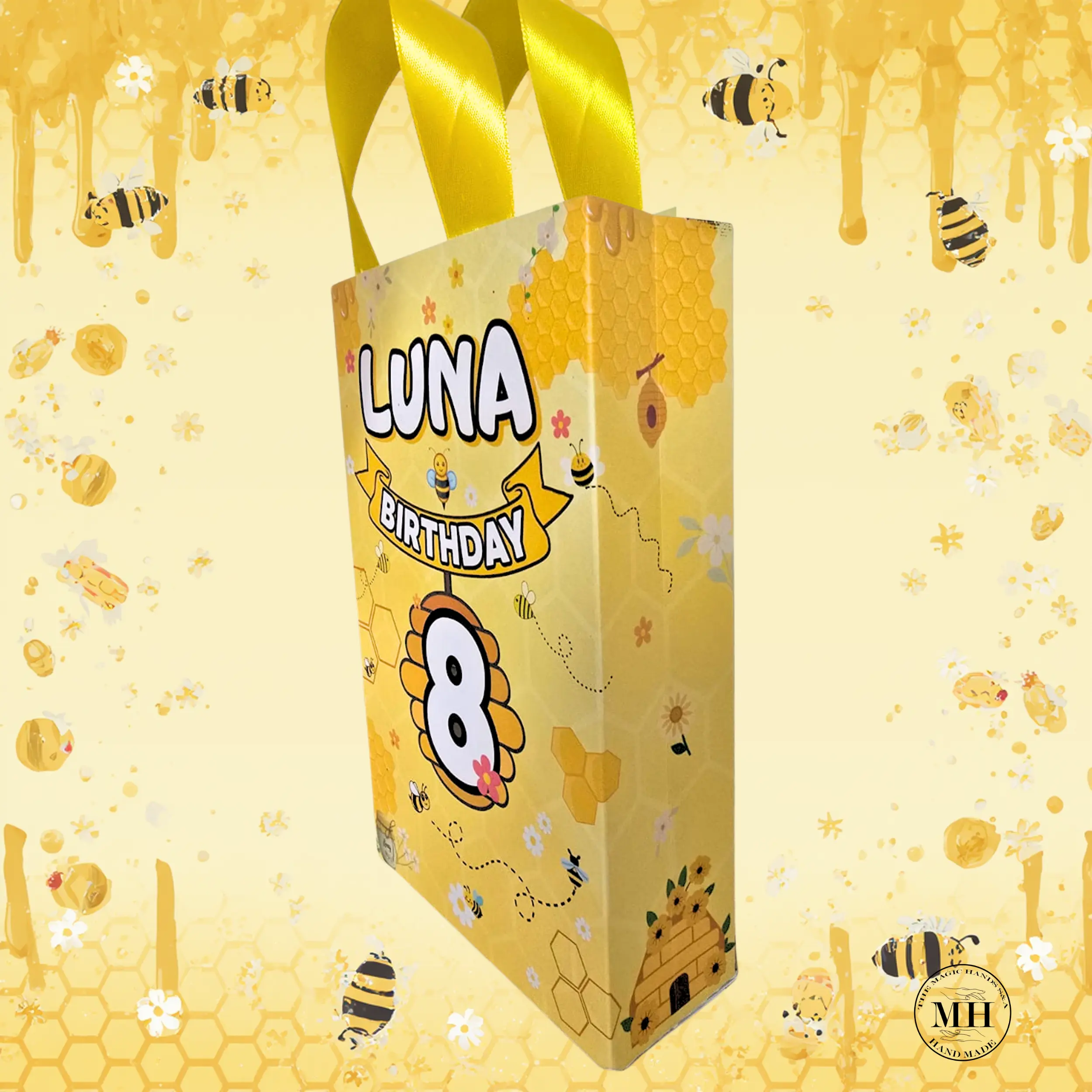 Personalized Bee-Themed Party Favor Bags (12 Pack) - Custom Name & Age, 8.5" x 5.5" Ribbon Handles, Colorful Print, Ideal for Classroom Events & Garden Parties, Office Stationery & Wrapping Supplies