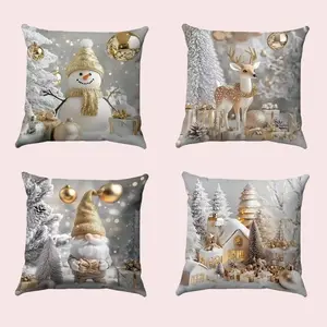 Merry Christmas Trees Snowflake Throw Pillow Covers, 18 x 18 Inch Joy Xmas Balls Winter Holiday Cushion Case Decoration for Sofa Couch Set of 4(Without insert)& Luxurious Reindeer Designs for Festive Home Decor