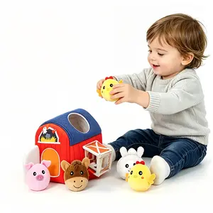Plush Farm Barn Toy Set for Toddlers - Soft Farm Animal Stuffed Playset with Pig, Horse, Chick & Rabbit, Montessori Sensory Baby Toy, Educational Pretend Play Gift for Infants 6M+