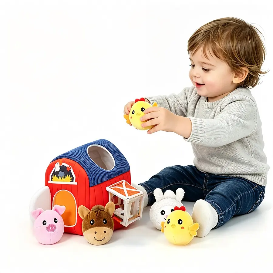 Plush Farm Barn Toy Set for Toddlers - Soft Farm Animal Stuffed Playset with Pig, Horse, Chick & Rabbit, Montessori Sensory Baby Toy, Educational Pretend Play Stuffed Animal Gifts for Infants 6M+