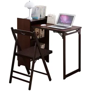 Mid-Century Modern Walnut Brown Bamboo Folding Desk - Furniture-Style Computer Workstations, Easy Folding, Full-Size Unfold, Rectangular Top, Space-Saving Office Furniture with Built-In Storage Shelves for Small Home Offices, Eco-Friendly, Durable