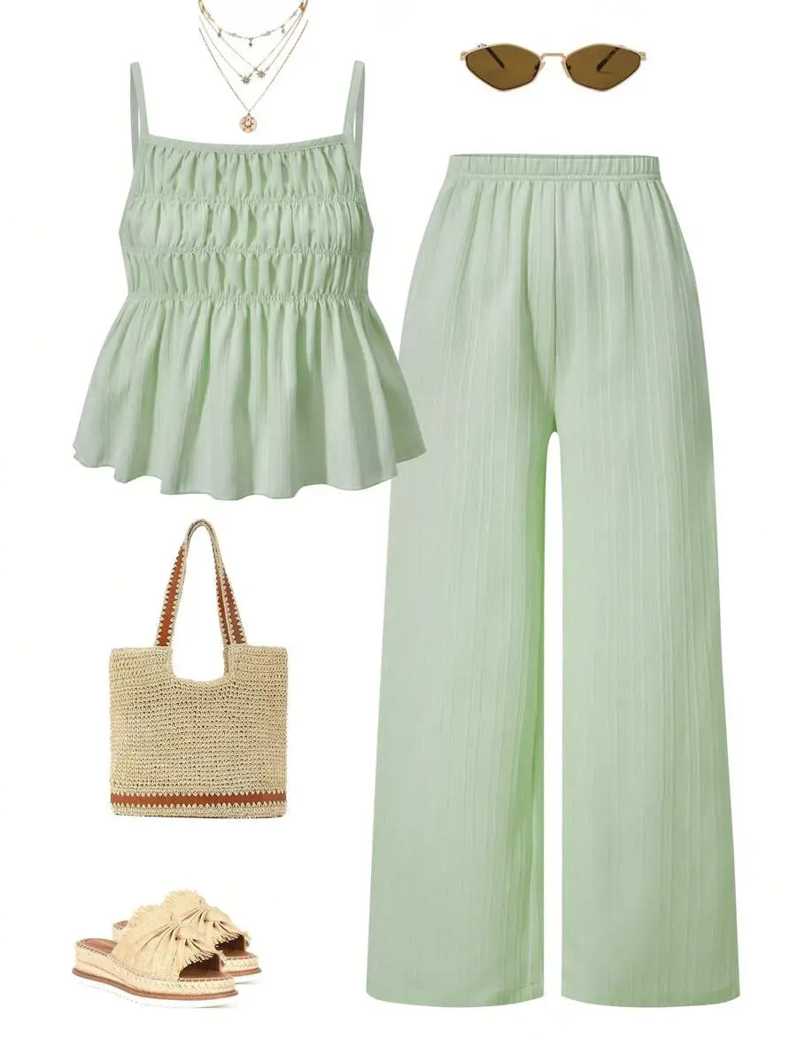 Tomattis Tween Girls' Casual Sweet Bubble Texture Shirred Sleeveless Crop Top And Loose Wide Leg Pants 2 Pieces Set