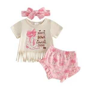 Infant Toddler Girl 3-Piece Summer Casual Baby Items Gift Set - Cowgirl Print Short-Sleeve Top with Tassel Hem, Ruffle Shorts, Bow Headband, Letters Accents (Baby Stuff for Girl)