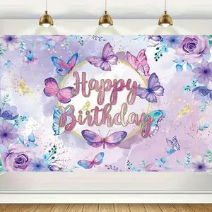 1pc Large 90.5"x70.8" (7.5x5.9ft) Pastel Pink & Purple Butterfly & Flower Party Backdrop Banner, No Tape/ Needed, Lightweight Fabric Birthday Wedding Shower Decorations, Indoor Outdoor Pink