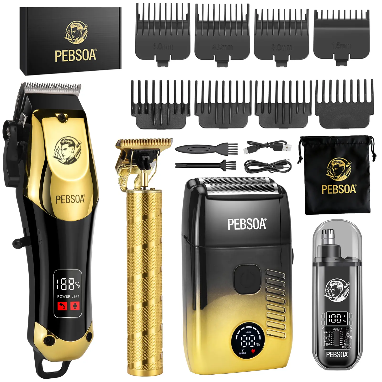 PEBSOA 4-in-1 Men's Grooming Kit, Cordless Hair Clipper, Detail Trimmers, Electric Shaver & Nose Hair Trimmers, USB Rechargeable with Guide Combs, Perfect Gift for Men
