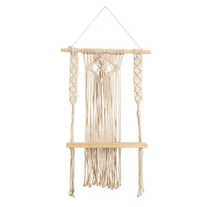 24" Boho Chic Wood Macrame Single Shelf Woven Diamond Wall Art Décor" 24" Boho Chic Wood Macrame Single Shelf Woven Diamond Wall Art Décor"