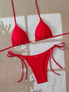 Women's Solid Color Sexy Tie Strap Halter String Bikini Swimsuit with Metal Accessories, Stylish Beachwear for Summer Fun and Pool Days