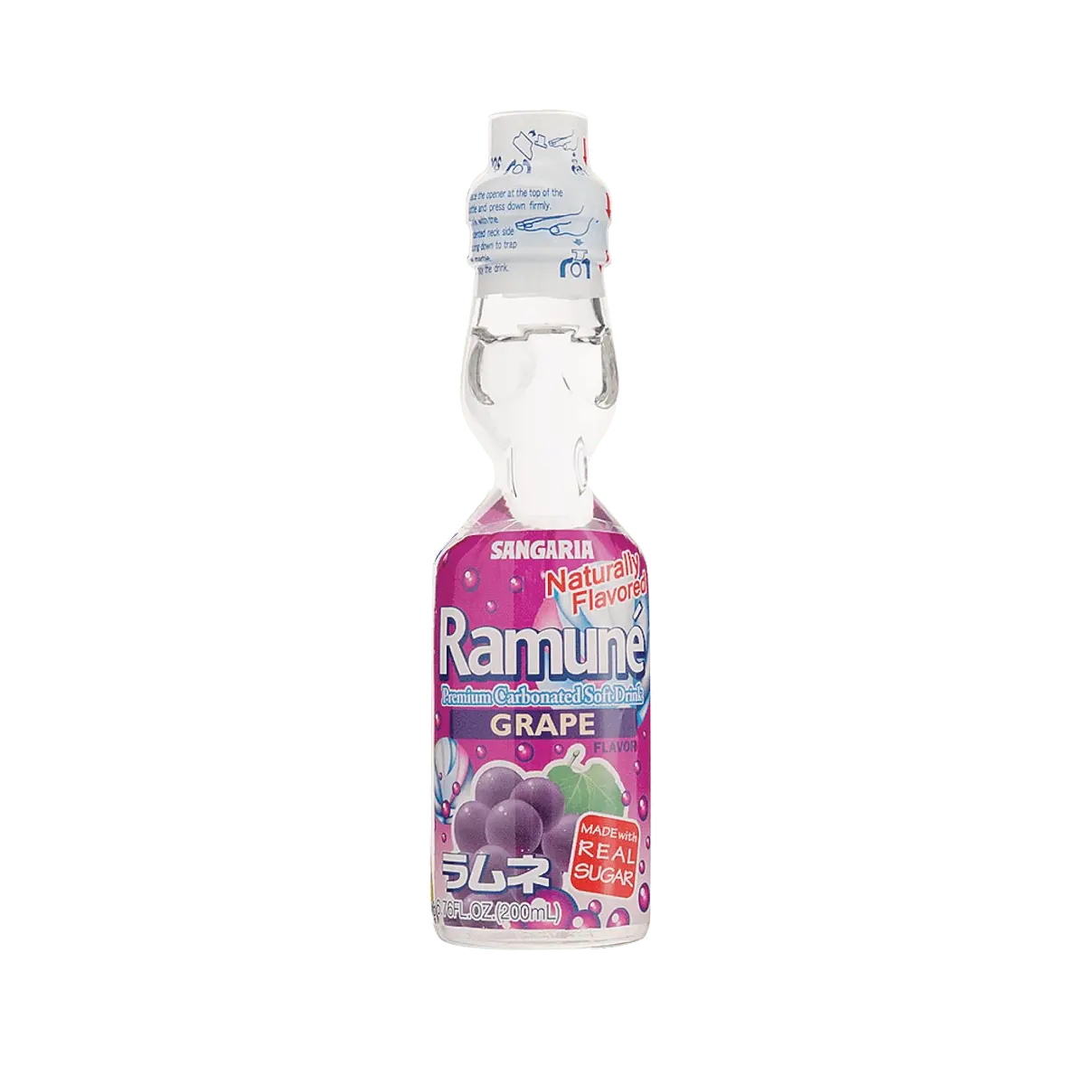 Sangaria Natural Grape Ramune Fizzy Beverage - 200ml Liquid Drink with Sugar, 100 Calories, Citric Acid, Marble Bottle, Fun Bottle Design, Delicious Grape Taste for Celebrations