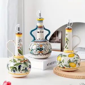 Hand-Painted Green Ceramic Oil Bottle with Floral Design - Leak-Proof, Durable & Stylish Kitchen Decor for Home Use, Perfect for Olive Oil, Vinegar, and Condiments