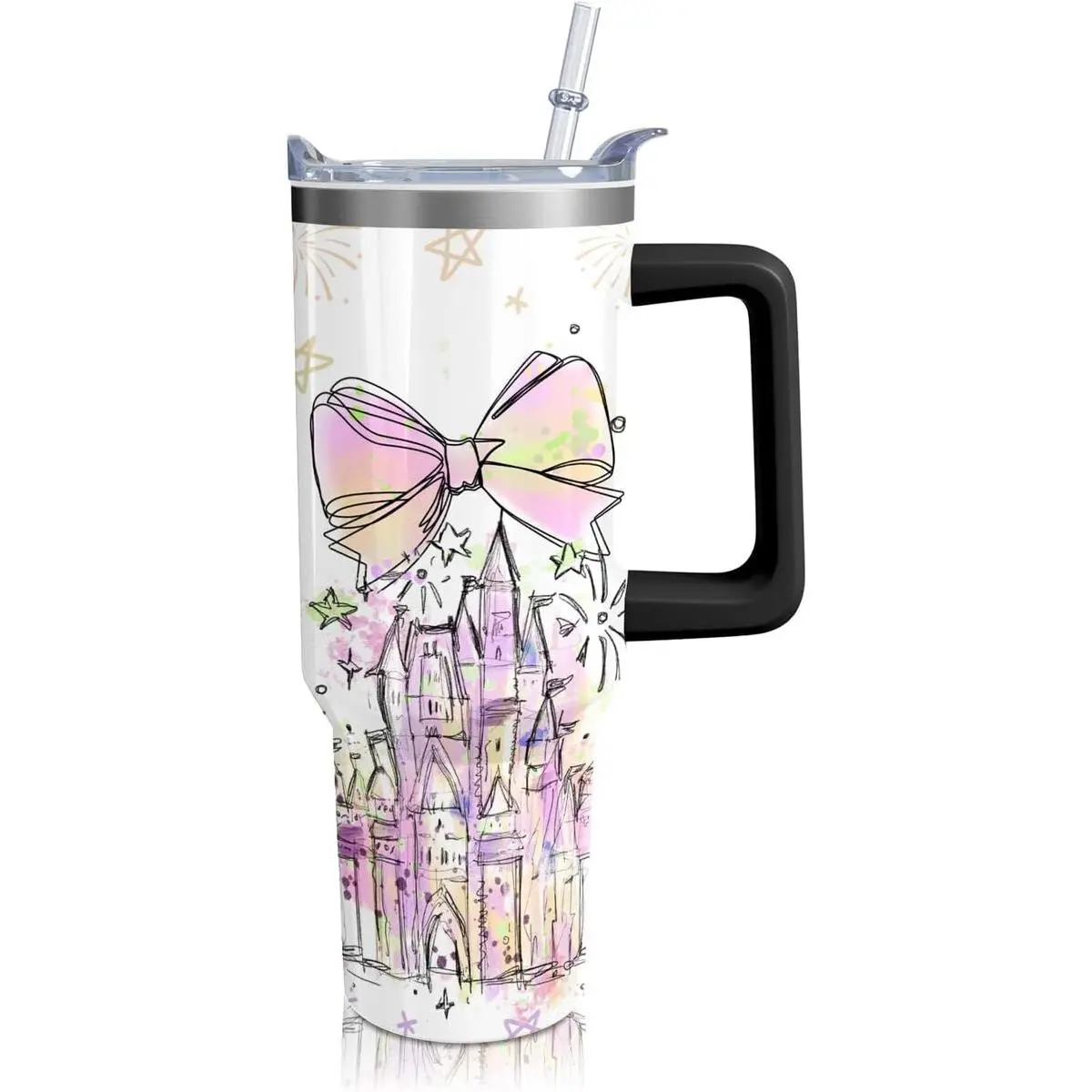 40oz Cartoon Castle & Firework Thermal Tumbler - 1,000-2,000 ml Reusable Casual Sporty Water Bottle, Travel Coffee Mug with Handle, Lid, Straw, Bowknot, Straw Cap, Portable Kitchenware Birthday Gift, Bottles, Dual-Layer Vacuum