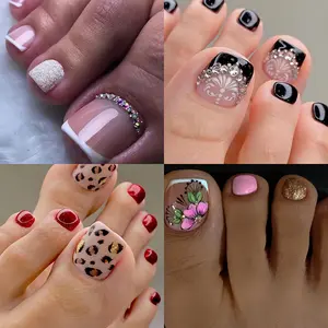 4 Boxes (96 Pieces), Short Rounded Square Press On Toenails, Combination Set For Spring And Summer, Pedicure Nail Art Full Cover False Toenails For Women