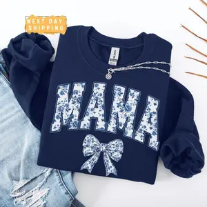 Mama Sweatshirt, Blue Ribbon Bow Crewneck, Cute Girly Aesthetic Mom Sweater, Chinoiserie-Inspired Mama Outfit