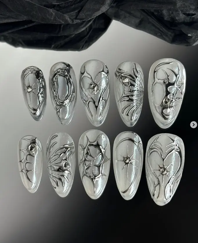 Futuristic Silver Chrome Press On Nails – 3D Armor-Inspired Texture with Metallic Beads, Handmade Cyber Nails for Rave, Sci-Fi & Edgy Looks