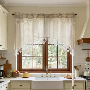 Beige Arched Sheer Curtain with White Star Lace Vintage Kitchen Curtain Valance for Small Windows Rustic Light Filtering Short Swag Valance for Cafe Bathroom Rod Pocket,1 Panel