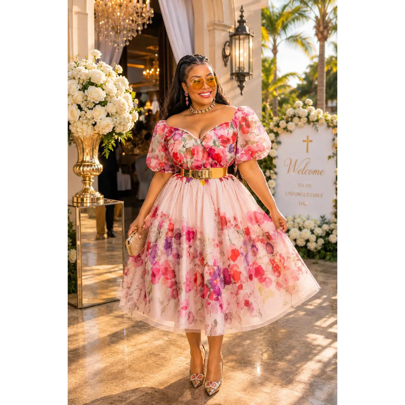 Dramatic Off-The-Shoulder Pink Floral Twirl Skater Midi Dress for Wedding Guest Cocktail Tea Party Birthday Photoshoot Outfit