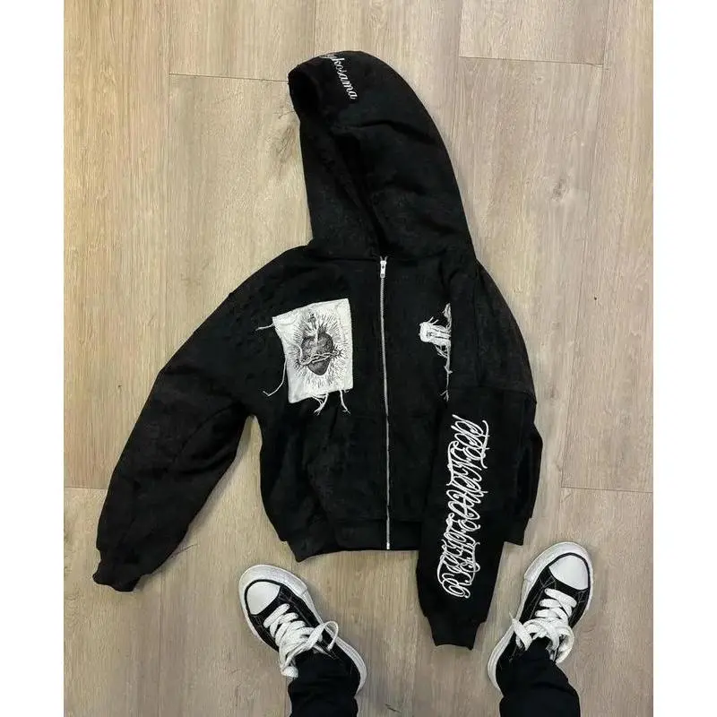 Y2k Sacred Cross Embroidery Hoodie Streetwear Men Trend Hip Hop Patchwork Zip Up Hoodies Black Sweatshirt Loose Jacket Clothing Can be used with raincoat Y2k Sacred Cross Embroidery Hoodie Streetwear Men Trend Hip Hop Patchwork Zip Up Hoodies Black Sweatshirt Loose Jacket Clothing Can be used with raincoat
