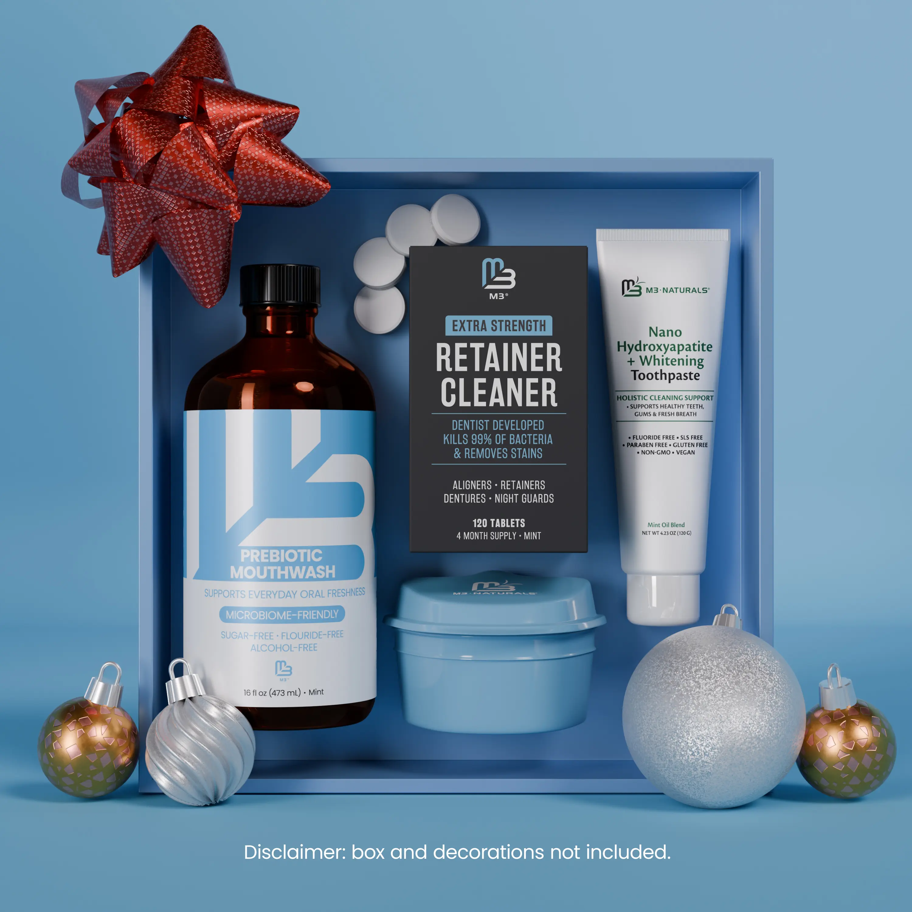 M3 Naturals Oral Care Holiday Bundle – Whitening Nano Hydroxyapatite Toothpaste, Prebiotic Mouthwash, Retainer Cleaning Tablets & Denture Case for a Fresh, Clean Smile