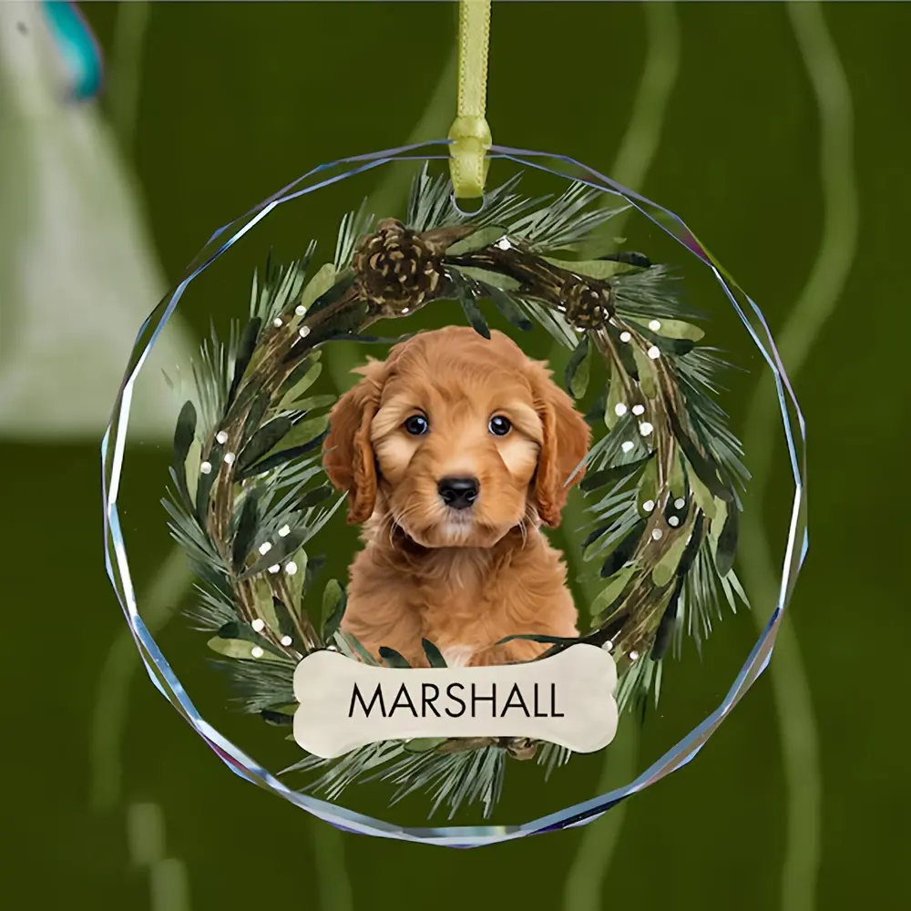 Customized Christmas Ornament, Personalized Christmas Ornament with Custom Photo And Name, Festive Pine Branch Design, Ideal for Holiday Decor And Commemorative Gifts, Personalized Pet Accessory/Classic Style Ornament/Glass Photo Keepsake,Rustic