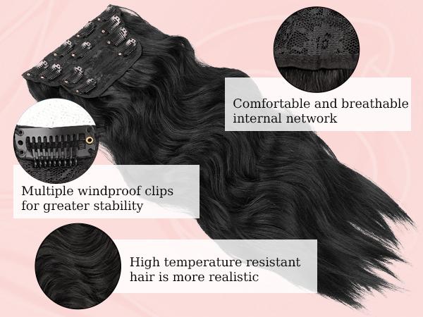 Clip in Synthetic Hair Extensions Long Wavy 4PCS Thick Hairpieces to Chestnut Fiber Double Weft Natural Hair Extensions for Women