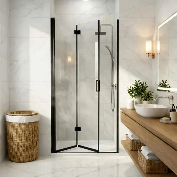 Semi-Frameless Full-View Folding Pivot Hinged Shower Door - 32-33.2 in. W x 72 in. H, 1/4" (6mm) Tempered Glass, Bathroom Bifold Panel, Reversible Installation, Matte Black, Full-View Folding Doors, 180° Bi-Fold Pivot