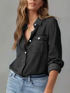 Women's Fashion Denim Shirt Jacket, Western Vintage Washed Single Button Closure, Streetwear Casual Daily Wear, All Seasons