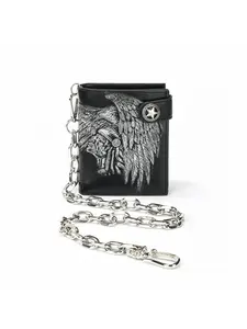 Retro Native American Eagle Wing Embossed Biker Wallet, PU Leather, Anti-Theft Metal Chain, Star Snap Closure, Multi-Card Slots, for Motorcycle Riders, Western Style Streetwear