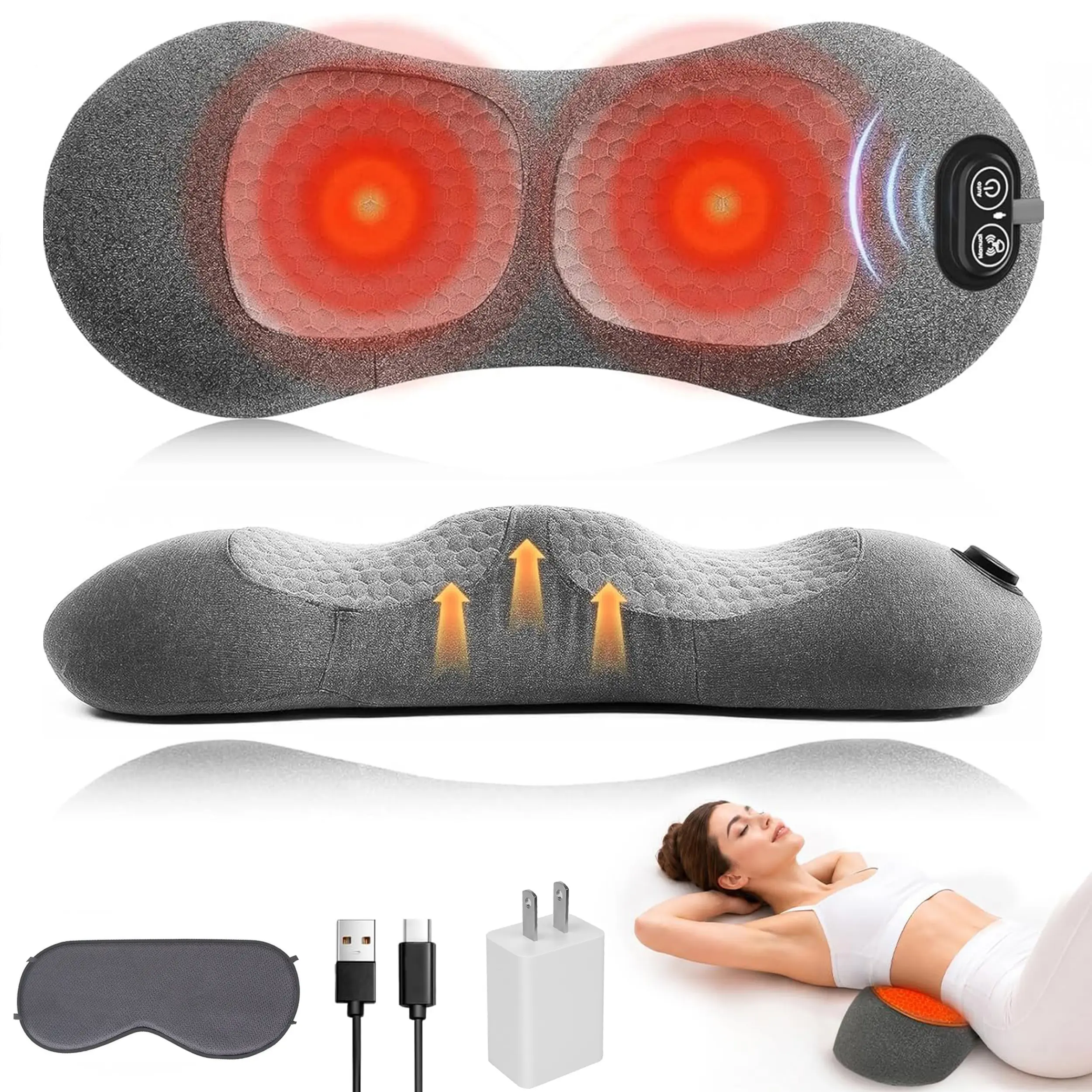 3-in-1 Electric Lumbar Massage Pillow, plug-in lumbar support pillow with heating, vibration, and traction functions, RelaxingTherapy for Low Back Pain Relief, ergonomic support pillow suitable for use in cars, offices, and daily life (Grey）