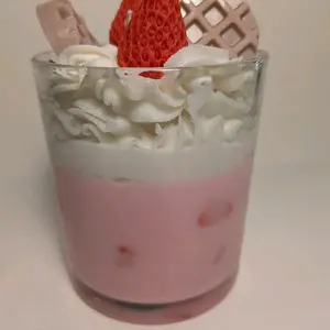 Strawberry Cake Waffles Candle - Pink Dessert Inspired Scented Candle with Whipped Cream and Strawberry Decorations