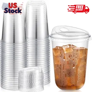 50 Sets Clear Plastic Coffee Cups with Sip Lids Clear,16 oz)