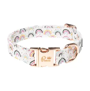 Dog Training Collar Leash with High-Quality Hardware - Adorable Premium Fabric Durable and Adjustable for All Dog Breeds and Sizes Pet Paws Metal Buckle Puppy Paw Print Collar Set Multicolor Popper