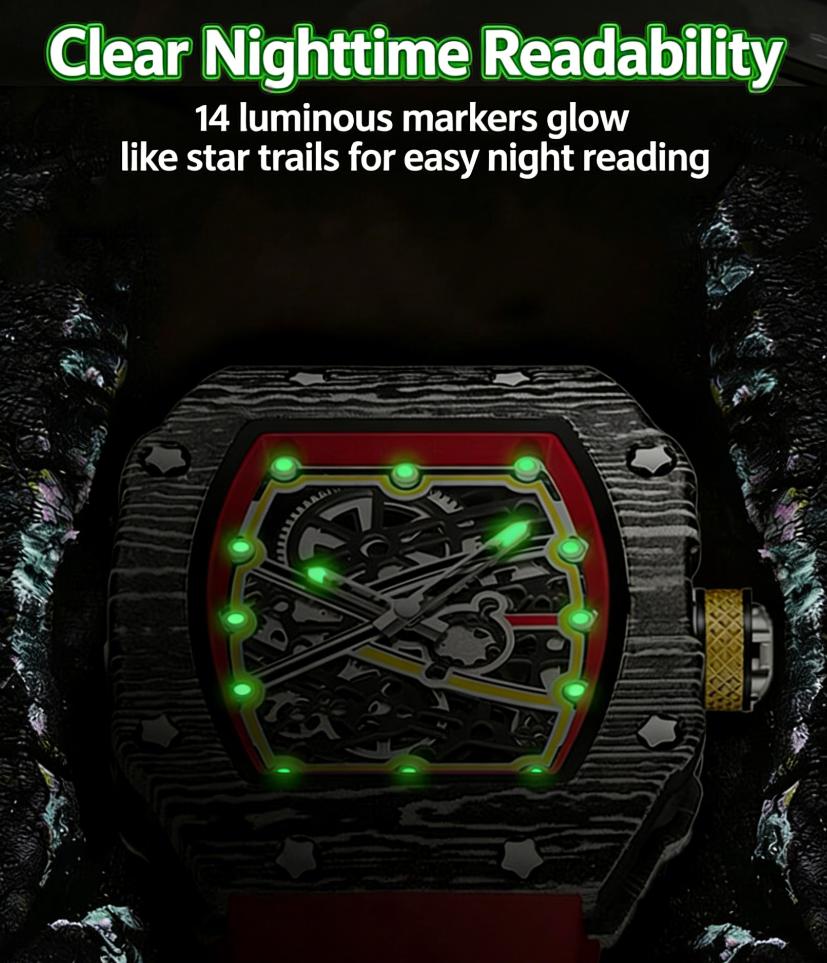 Fashion Skeleton Quartz Watch for Men, Carbon Fiber Design, Red Silicone Band, Perfect for Daily & Sports