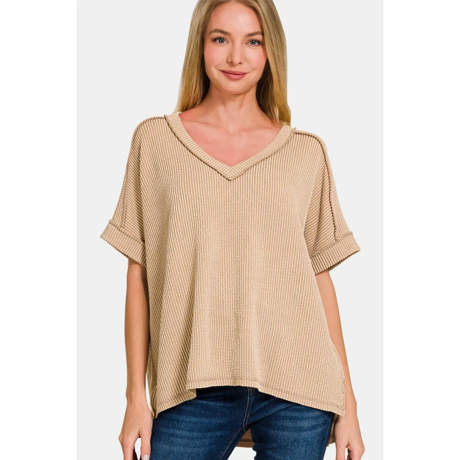 Zenana Corded Rib Short Sleeve High-Low T-Shirt