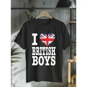 100% Cotton I Love British Boys T-Shirt Union Jack Tee British Flag T-Shirt Summer, Cotton, Casual, Short Sleeve, Graphic Tee, Soft, Breathable, Loose Fit, Streetwear, Daily Wear, T-Shirtt