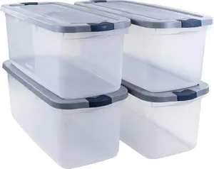 Clear 95 Qt/23.75 Gal Storage Containers, Pack of 4 with Latching Grey Lids, Visible Base, Sturdy and Stackable, Great for Storage and Organization