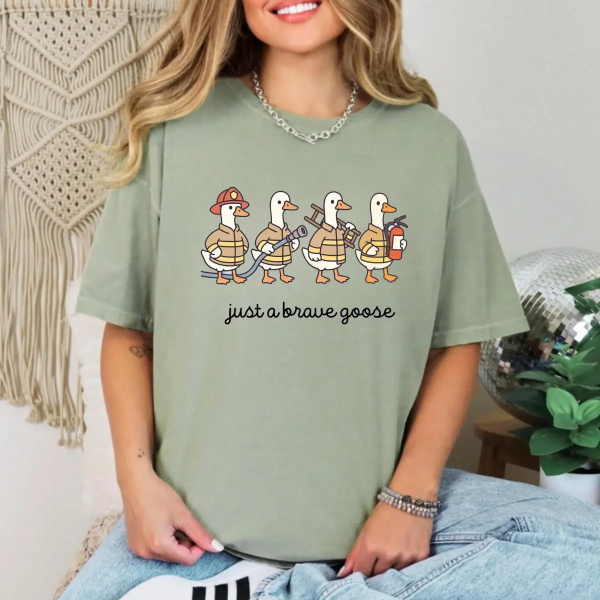 Brave Goose Firefighter Graphic T-Shirt, Cute Fireman Ducks Design Tee, Soft Cotton Blend Shirt, Humorous Firefighter Apparel for Men & Women, Gift for Firefighter Fans