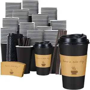 16 oz Coffee Cups 50 Pack, Disposable Coffee To Go Cups with Lids, Stir Sticks and Sleeves, 16 oz Black Hot Paper Cup for Home, Travel, Office