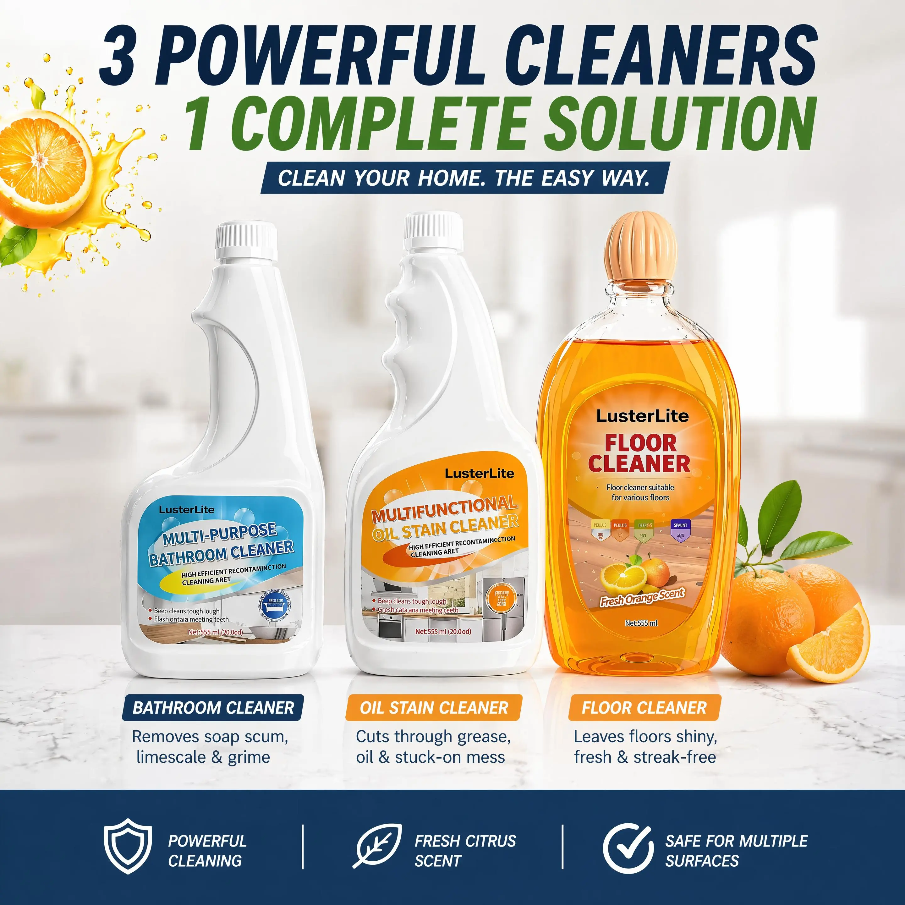 LusterLite 3-Pack Multi-Purpose Liquid Cleaning Set, Family-Size with Nozzle, Kitchen/Bathroom/Floor Cleaner, Removes Tough Grease, Grime, Stains, Streak-Free Finish, Fruity Fresh Scent, for Household & Other Uses