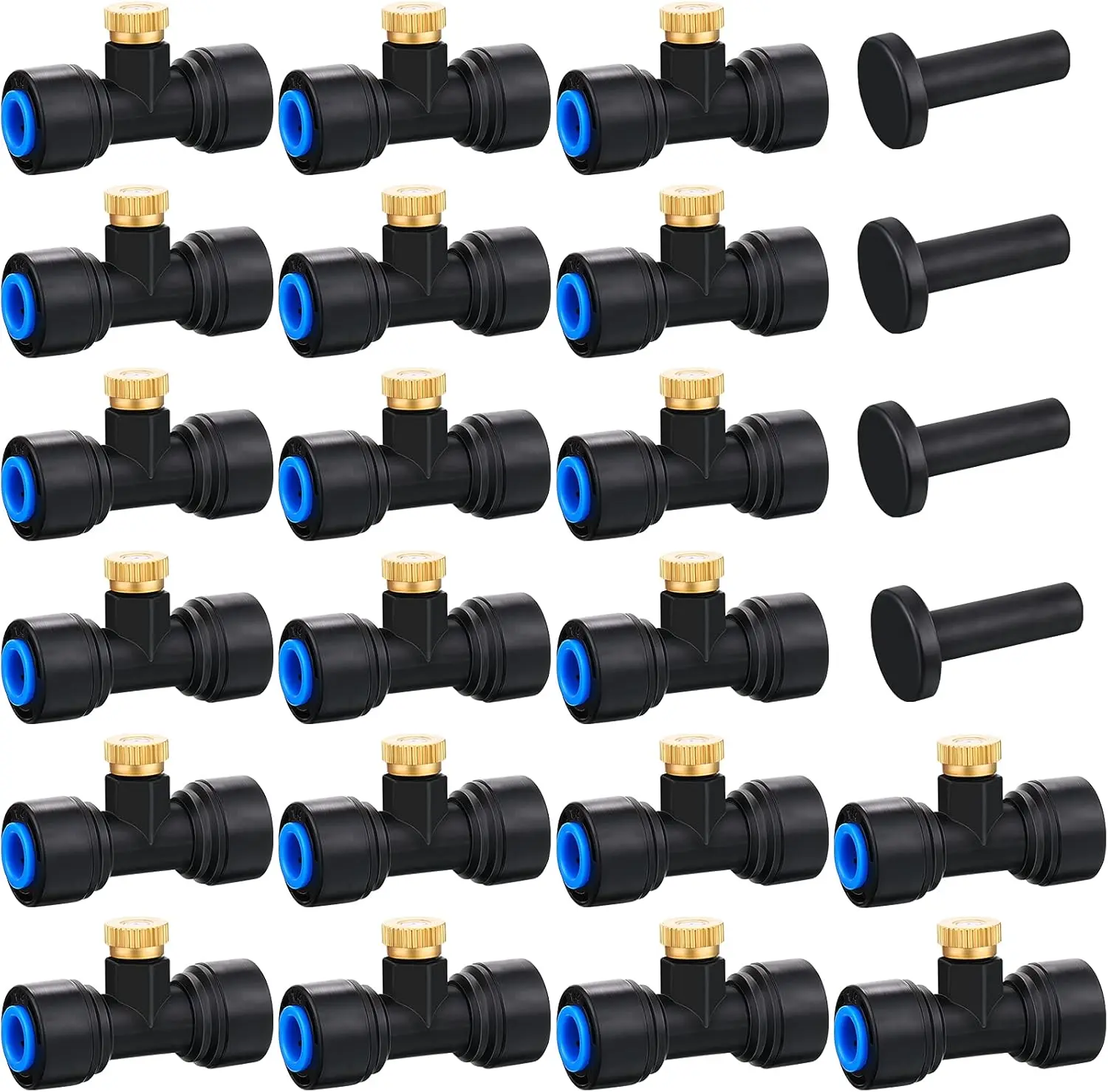 Brass Misting Nozzles 1/4 Inch Sliding Lock Mister Nozzles Tees with Plugs for Outdoor Cooling System Misting System(20 Pieces)