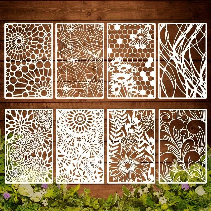 Insect & Flower Pattern Hollow Out Painting Stencil, 8 Counts/set Reusable DIY Painting Stencil, DIY Painting Supplies, Art Supplies for Wall & Tile & Floor, Creative Craft Kit