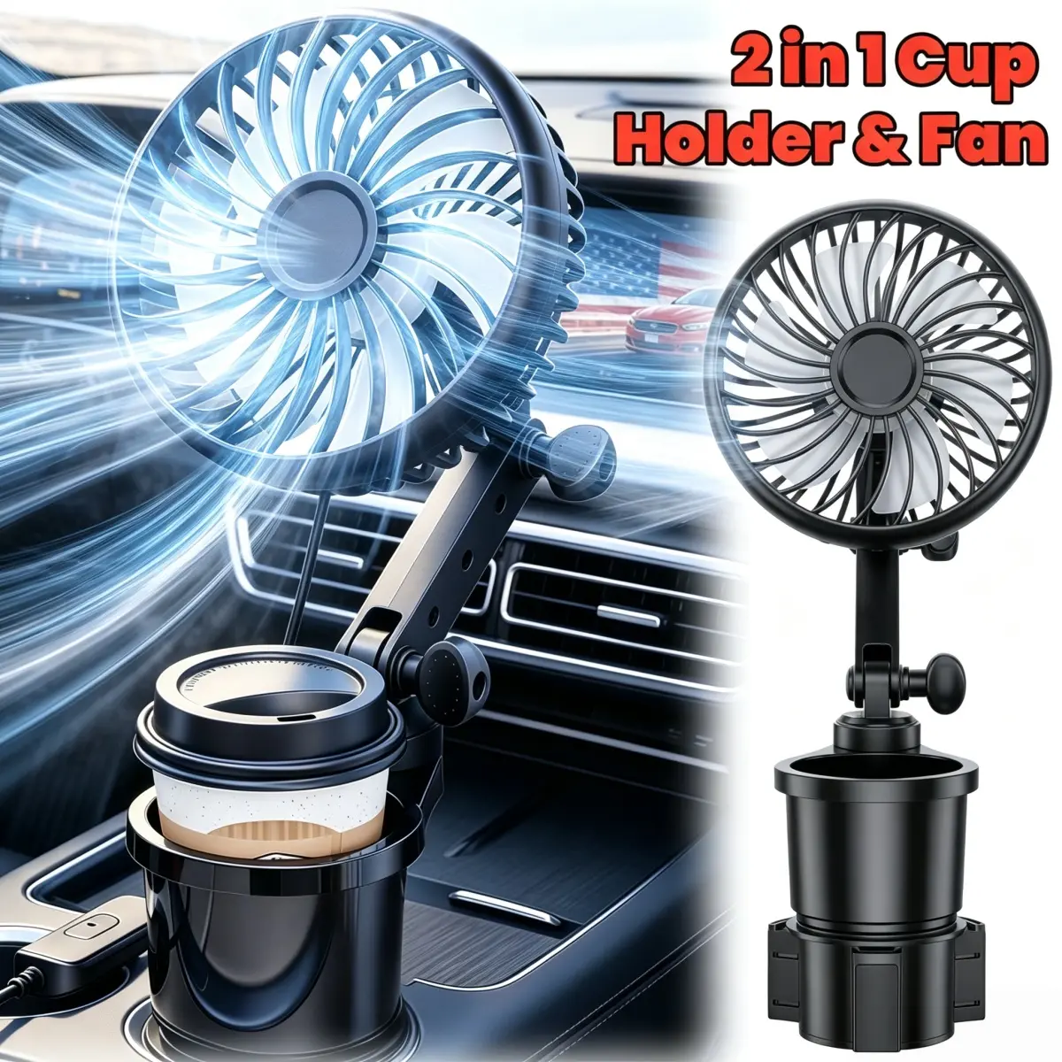 2-in-1 Car Fan & Cup Holder Expander, 3 Speed Cooling Fan with 360° Rotatable Design, Adjustable Height, USB Powered, Tool-Free Install, Universal Fit for Most Cars, Trucks, SUVs, Cooling Fan For Car, 3-Speed Fan