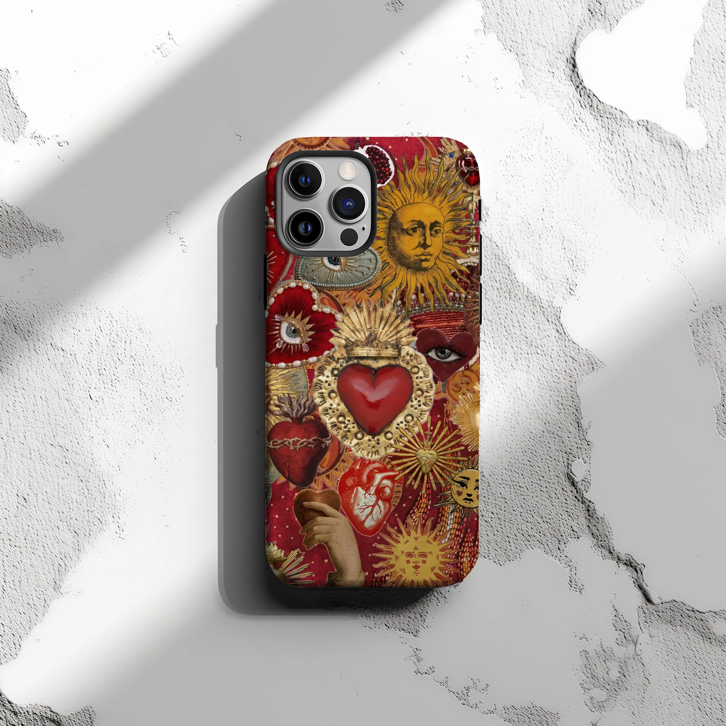 Y2K Celestial Sacred Heart Phone Case, VVintage Sun & Moon Mosaic Phone Cover for iPhone 17 Pro Max 16 15 14 13 12 11 Pro Max 8 Plus X, Samsung Galaxy S25 S24 S23 S22 S21, Pixel Wireless Smartphone Compatible with Samsung Galaxy S25