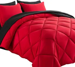 Bed in a Bag  Reversible Comforter Sets 7 count All Season Down Alternative Bedding Sets Red and Black with Comforter, Pillow Shams, Flat Sheet, Fitted Sheet and Pillowcase