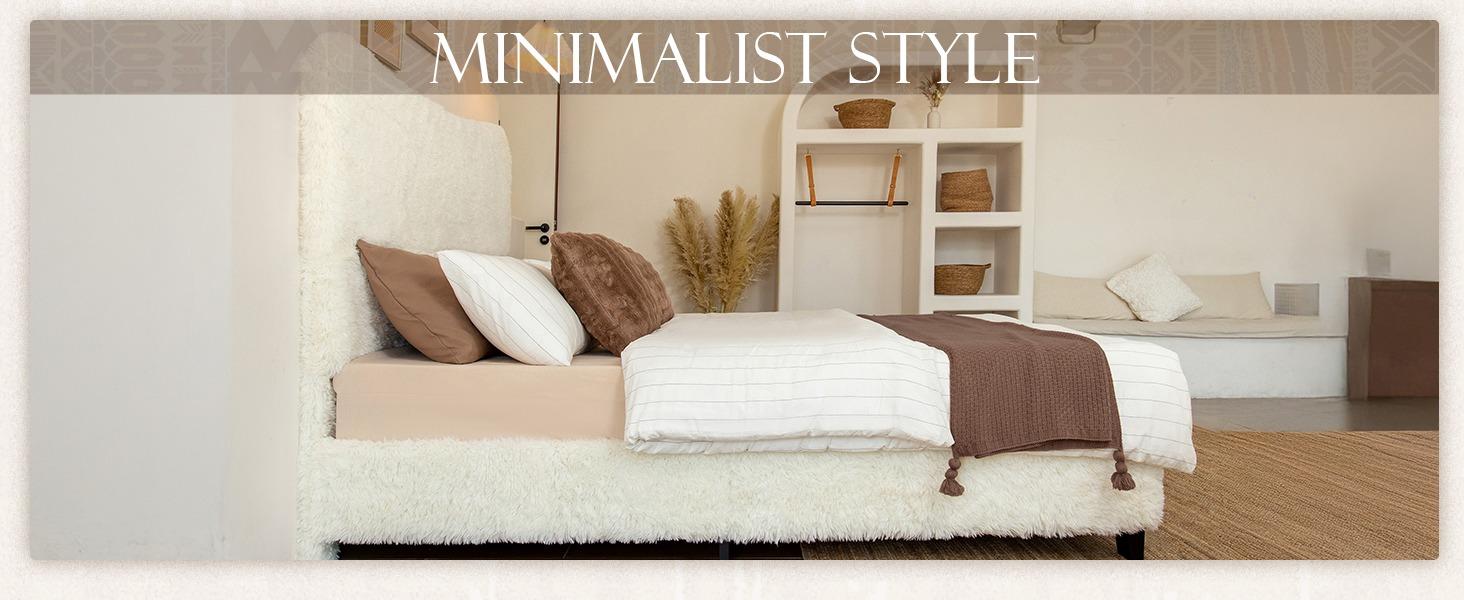 Yechen Bed Frame with Tall Headboard, Round Deluxe Soft Faux Fur Bedframe, Boho Boucle Cloud Upholstered Plush Bed with Metal Frame and Wood Slats, No Box Spring Required, Easy Assembly, (Beige, Grey) (Twin, Full, Queen)