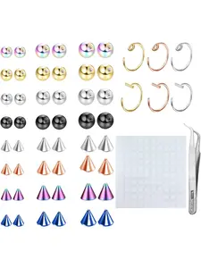 Fake Eyebrow Ring Fake Lip Labret Studs Replacement Balls Spike with 100Pcs Sticker Non-Piercing Nose Rings Hoop Body Jewelry Fake Skin Piercing 3MM 4MM 5MM(Rainbow)