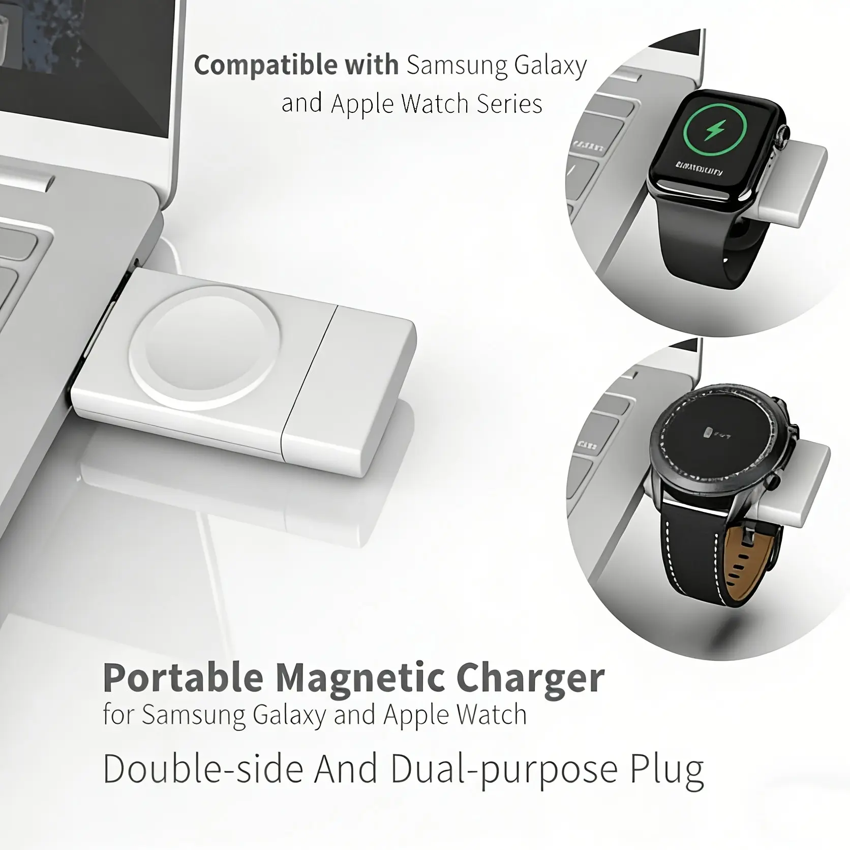 Portable 2 in 1 Magnetic Wireless Charger USB Type-C, Compatible with Iwatch & Samsung Galaxy Watch, Fast Charging Solution Smart Charging Dock, Smartwatch Accessories